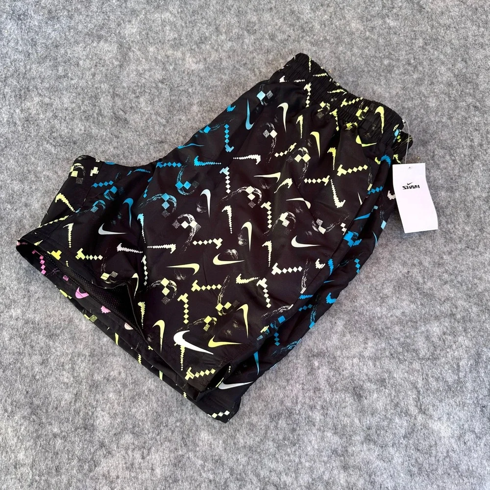 Nike Mens XL Black Pixelated Swoosh Swim Volley Shorts NESSD516-001 NWT